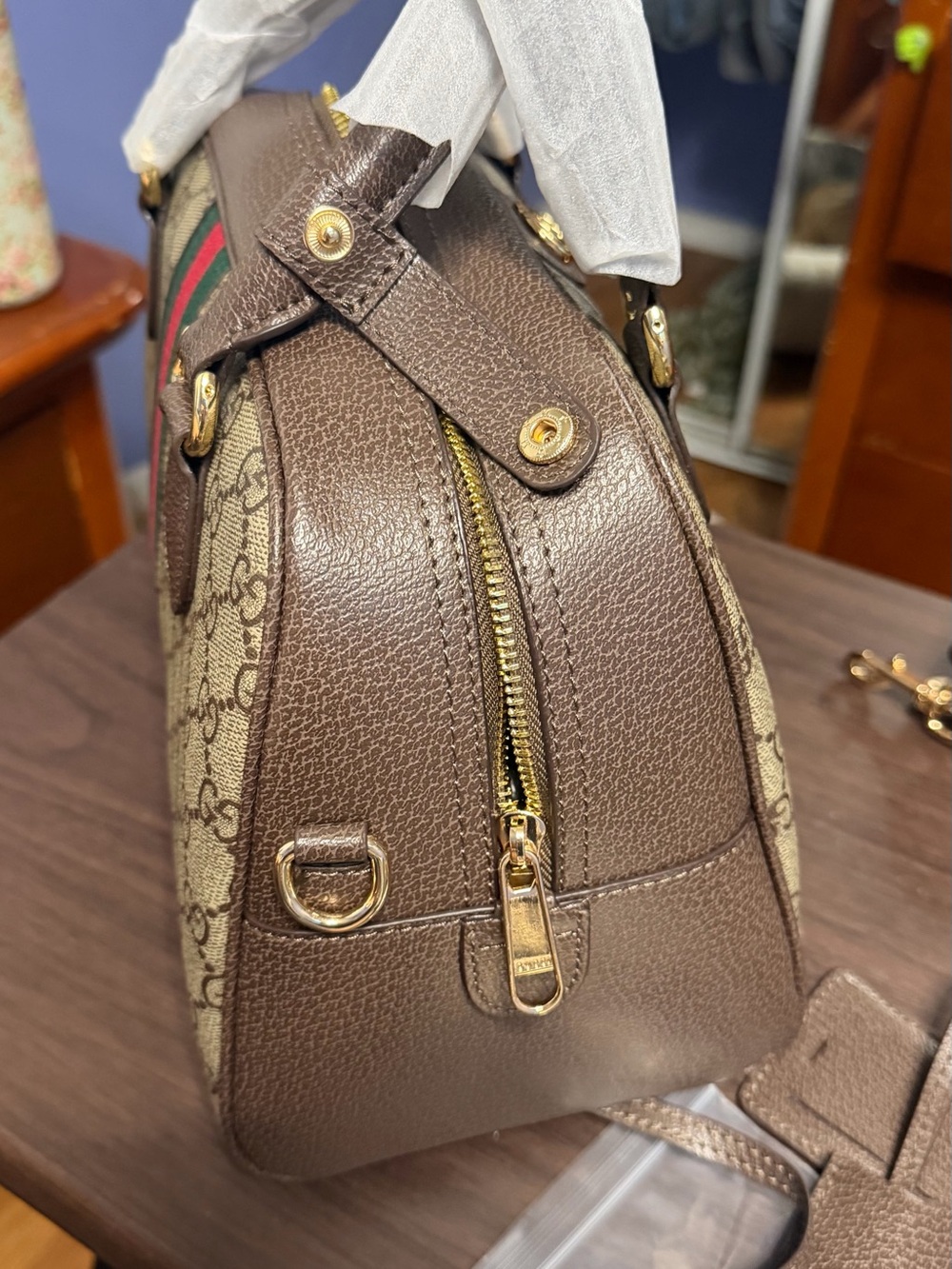 Fashion bag. 1:1 Gucci Brown GG Supreme Canvas Web Stripe Satchel. - Picture 9 of 15